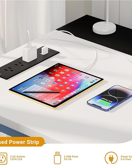 47 Inch Computer Desks with Power Outlets and USB Charging Ports, Modern Office Desk for Small Spaces, Sturdy Laptop PC Gaming Writing Table for Students, White and Black, 2 Pack - LeafyLoom