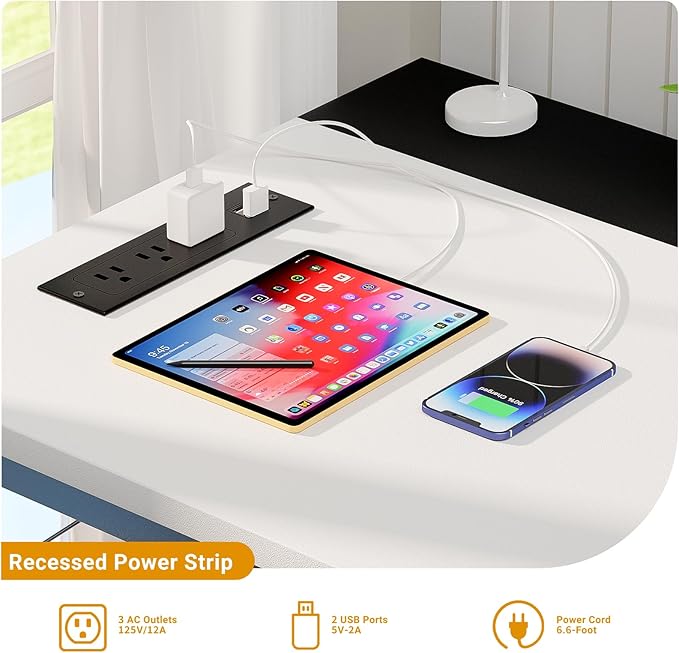 47 Inch Computer Desks with Power Outlets and USB Charging Ports, Modern Office Desk for Small Spaces, Sturdy Laptop PC Gaming Writing Table for Students, White and Black - LeafyLoom
