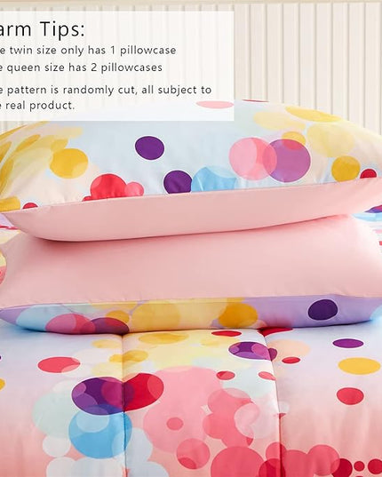 Rainbow Ombre Comforter Set Twin Size for Girls, Colorful Bubbles Polka Dots Comforter for Kids Teen, 2 Piece Orange Pink Purple Blue Gradient Pastel Bedding Set with 1 Pillow Case(Rainbow,Twin) - LeafyLoom