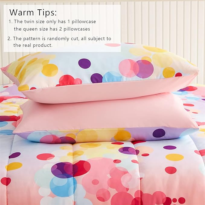 Rainbow Ombre Comforter Set Twin Size for Girls, Colorful Bubbles Polka Dots Comforter for Kids Teen, 2 Piece Orange Pink Purple Blue Gradient Pastel Bedding Set with 1 Pillow Case(Rainbow,Twin) - LeafyLoom