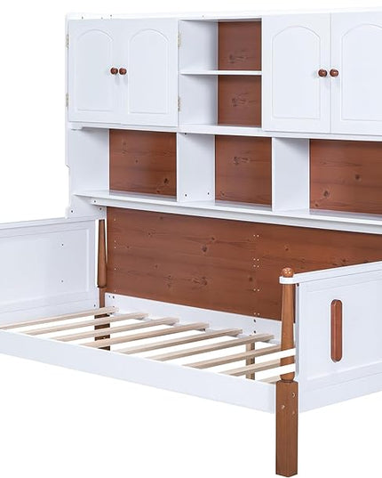 Twin Size Platform Bed with Multiple Storage, No Box Spring Required,Easy to Assemble,Wood Bed Frame for Bedroom/Apartment/Guest-Room,White+Walnut - LeafyLoom