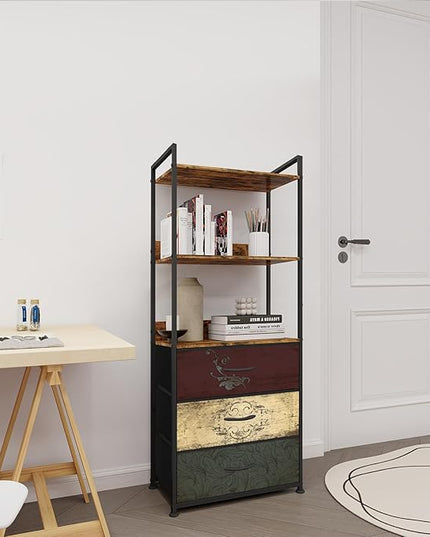 Vertical Bookshelf with 3 Drawers, Narrow Bookcase with Shelves, Wood Storage Organizer Cabinet, Metal Frame Display Standing Shelf Unit for Bedroom, Kitchen, Office - LeafyLoom