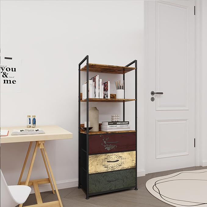 Vertical Bookshelf with 3 Drawers, Narrow Bookcase with Shelves, Wood Storage Organizer Cabinet, Metal Frame Display Standing Shelf Unit for Bedroom, Kitchen, Office - LeafyLoom