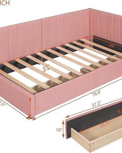 Twin Size Upholstered Daybed with 2 Storage Drawers,Solid Wood Sofa Bed Frame W/Linen Fabric Backrest,No Box Spring Needed,for Living Room Bedroom Apartment Pink - LeafyLoom