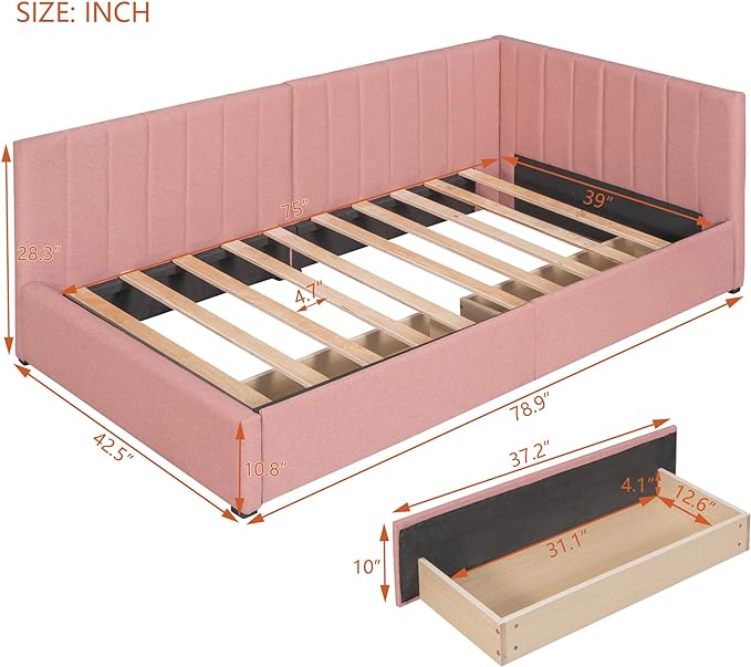 Twin Size Upholstered Daybed with 2 Storage Drawers,Solid Wood Sofa Bed Frame W/Linen Fabric Backrest,No Box Spring Needed,for Living Room Bedroom Apartment Pink - LeafyLoom