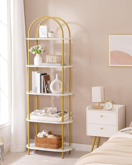 HOOBRO 5 Tier Open Bookshelf, Modern Arched Bookcase Display Shelf Racks, Wooden Bookcase Storage Shelves Metal Frame, Tall Storage Organizer for Living Room, Easy Assembly, Gold DM176SJ01 - LeafyLoom