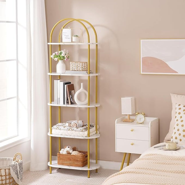 HOOBRO 5 Tier Open Bookshelf, Modern Arched Bookcase Display Shelf Racks, Wooden Bookcase Storage Shelves Metal Frame, Tall Storage Organizer for Living Room, Easy Assembly, Gold DM176SJ01 - LeafyLoom