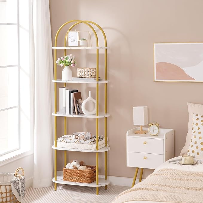 HOOBRO 5 Tier Open Bookshelf, Modern Arched Bookcase Display Shelf Racks, Wooden Bookcase Storage Shelves Metal Frame, Tall Storage Organizer for Living Room, Easy Assembly, Gold DM176SJ01 - LeafyLoom