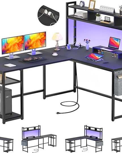 Aheaplus L Shaped Desk with Power Outlet & LED Strip, Reversible L-Shaped Corner Computer Desks Gaming Desk with Storage Shelf & Monitor Stand, Modern 2 Person Home Office Desk, Writing Desk, Black - LeafyLoom