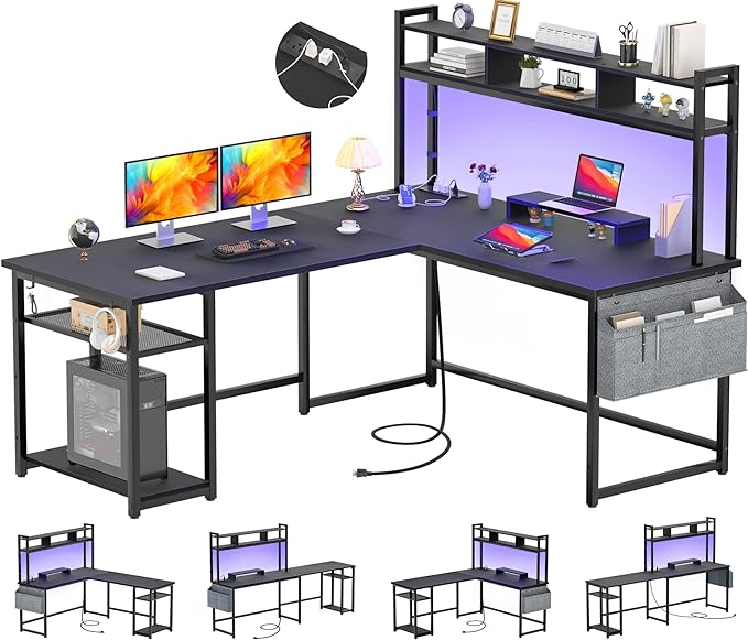 Aheaplus L Shaped Desk with Power Outlet & LED Strip, Reversible L-Shaped Corner Computer Desks Gaming Desk with Storage Shelf & Monitor Stand, Modern 2 Person Home Office Desk, Writing Desk, Black - LeafyLoom