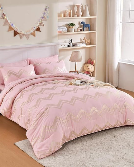 Wowelife 7 Pieces Pink Comforter Set King Size Gold Glitter Kids Bedroom Bedding Set Metallic Bed in a Bag for Girls with Comforter, Flat Sheet, Fitted Sheet 2 Pillow Shams and 2 Pillowcase - LeafyLoom
