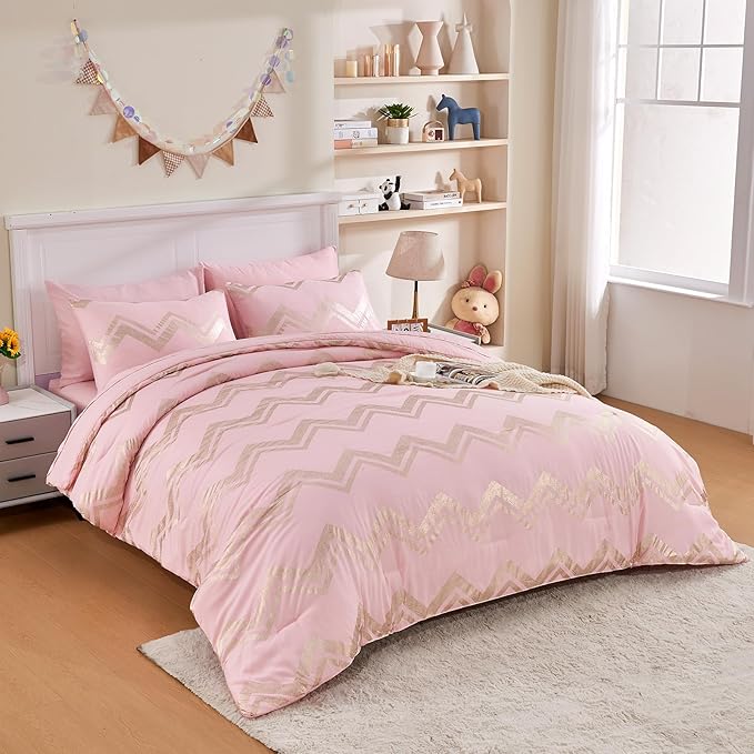 Wowelife 6 Pieces Pink Twin/Twin XL Comforter Set for Girls Kids Twin Bedding Sets Gold Glitter Foil Bed in A Bag with Comforter, Flat Sheet, Fitted Sheet, 2 Pillow Shams and 1 Pillowcase - LeafyLoom