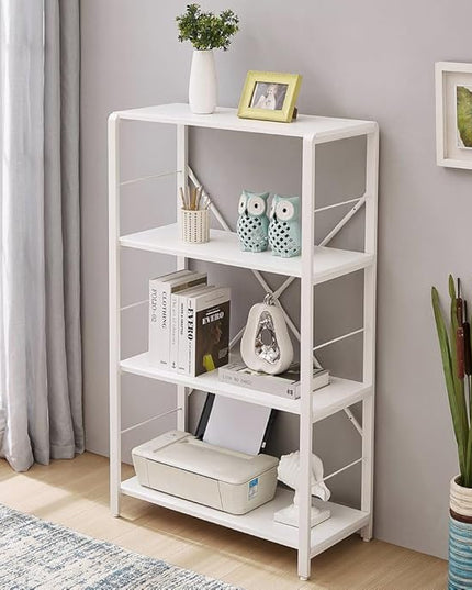 Rustic Bookshelf and Bookcase, Industrial Metal and Wood Book Shelves, 4-tier Shelving Unit for Living Room Bedroom, White Oak - LeafyLoom