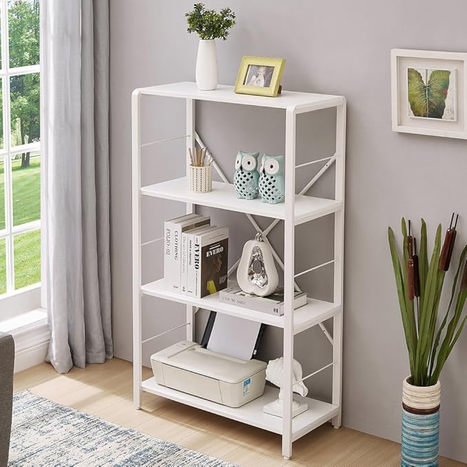 Rustic Bookshelf and Bookcase, Industrial Metal and Wood Book Shelves, 4-tier Shelving Unit for Living Room Bedroom, White Oak - LeafyLoom