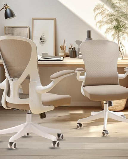 Mid Back Ergonomic Chair For Computer Home Desk with Flip-Armrest & Cushion for Lumbar Support, Thickened Cushion Desk Chairs Khaki - LeafyLoom