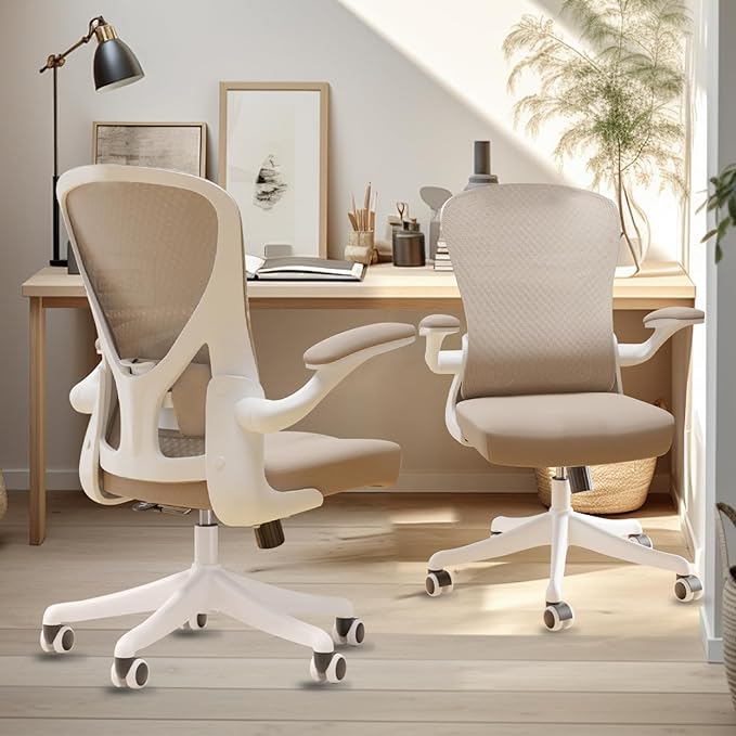 Mid Back Ergonomic Chair For Computer Home Desk with Flip-Armrest & Cushion for Lumbar Support, Thickened Cushion Desk Chairs Khaki - LeafyLoom