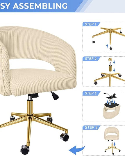 Home Office Chair, Corduroy Swivel Desk Chairs, Modern Computer Chair with Wheels and Gold Base, Comfy Arm Chair for Bedroom, Living Room, Study, Vanity Room, Light Yellow - LeafyLoom