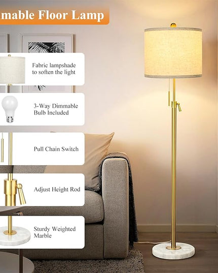 Modern Floor Lamp for Living Room, Adjustable Height Standing Lamp with Marble Base, Gold Tall Pole Light with Linen Shade for Reading Bedroom, Chain Switch, 8W 3-Way Dimmable Bulb Included - LeafyLoom