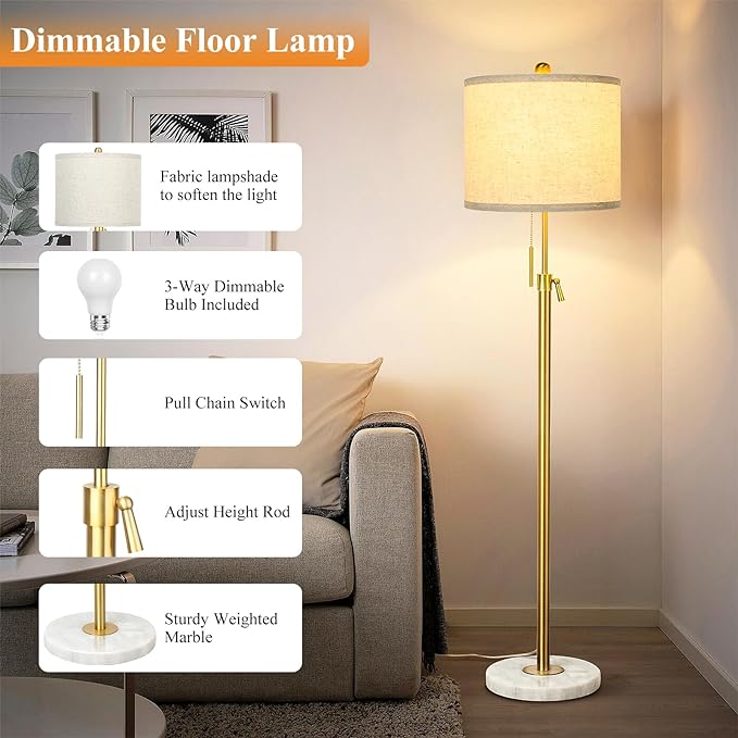 Modern Floor Lamp for Living Room, Adjustable Height Standing Lamp with Marble Base, Gold Tall Pole Light with Linen Shade for Reading Bedroom, Chain Switch, 8W 3-Way Dimmable Bulb Included - LeafyLoom