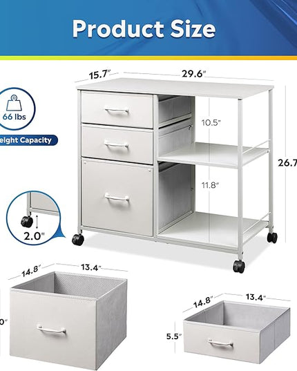 DEVAISE 3 Drawer Mobile File Cabinet, Rolling Printer Stand with Open Storage Shelf, Fabric Lateral Filing Cabinet fits A4 or Letter Size for Home Office, White - LeafyLoom