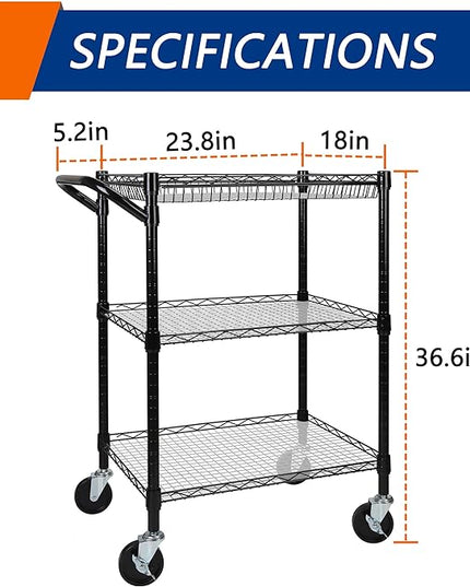 3 Tier Heavy Duty Rolling Utility Cart,18"D x 23.8"W x 36.6"H Rolling Carts with Wheels,Commercial Grade Metal Cart with Handle Bar & Shelf Liner,Trolley Serving Storage Cart for Kitchen Black - LeafyLoom