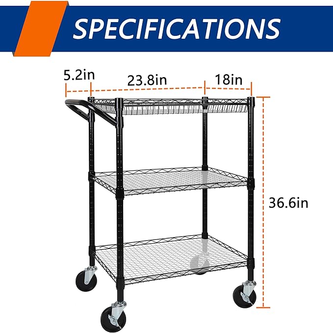 3 Tier Heavy Duty Rolling Utility Cart,18"D x 23.8"W x 36.6"H Rolling Carts with Wheels,Commercial Grade Metal Cart with Handle Bar & Shelf Liner,Trolley Serving Storage Cart for Kitchen Black - LeafyLoom