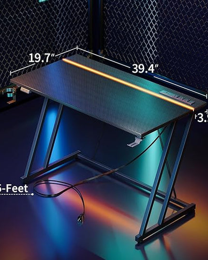 MOTPK Small Gaming Desk with LED Lights & Power Outlet, Computer Desk 39inch for Small Space, Cheap Gaming Table with Carbon Fiber Texture, Kids Desk Gift for Boys Men, Black - LeafyLoom