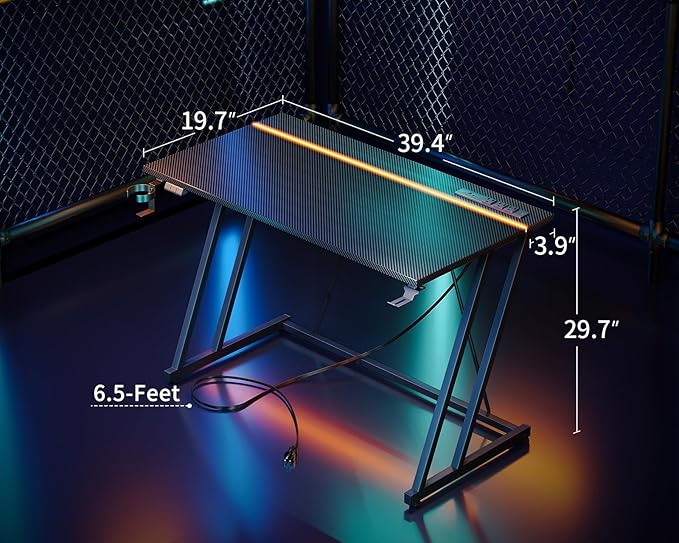 MOTPK Small Gaming Desk with LED Lights & Power Outlet, Computer Desk 39inch for Small Space, Cheap Gaming Table with Carbon Fiber Texture, Kids Desk Gift for Boys Men, Black - LeafyLoom