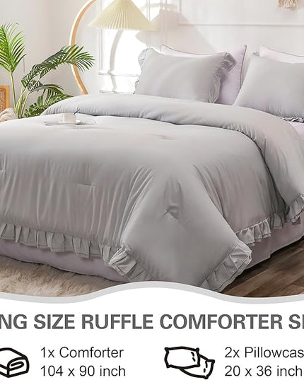 Gray Double Ruffle Comforter Set King Size (104x90 Inch), 3 Pcs Grey Farmhouse Vintage Comforter Set (1 Ruffled Comforter and 2 Pillowcase), Rustic All Season Down Alternative Bedding Set - LeafyLoom