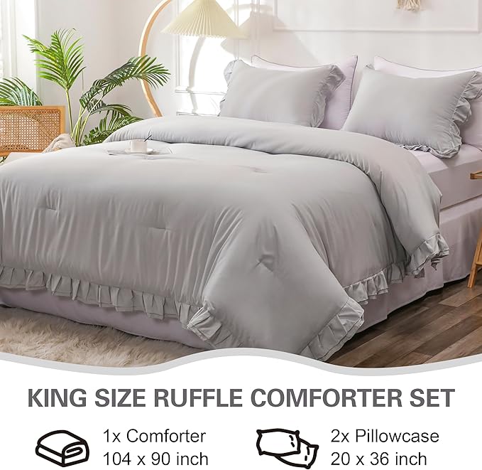 Gray Double Ruffle Comforter Set King Size (104x90 Inch), 3 Pcs Grey Farmhouse Vintage Comforter Set (1 Ruffled Comforter and 2 Pillowcase), Rustic All Season Down Alternative Bedding Set - LeafyLoom
