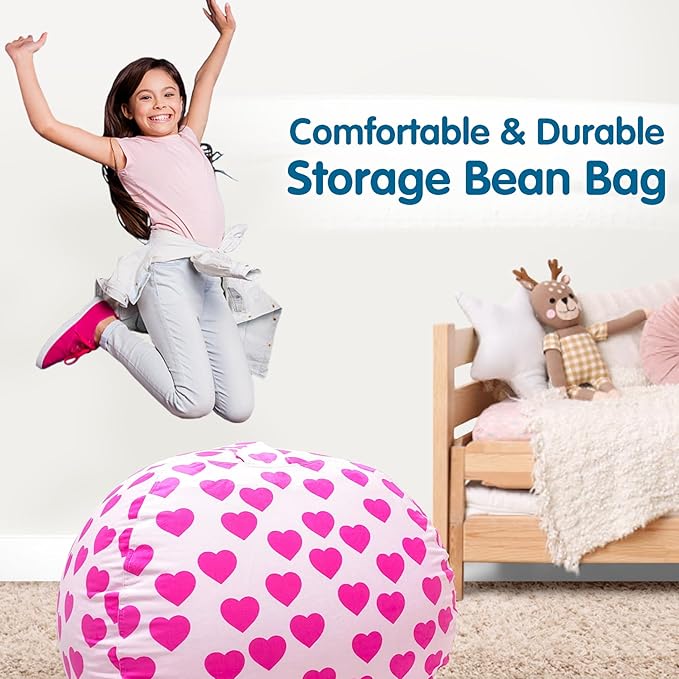 Lukeight Stuffed Animal Storage Bean Bag Chair Cover for Kids, Zipper Beanbag Chair Cover for Organizing Toddler & Kids' Rooms Plush Toys (Heart Velvet, XX-Large) - LeafyLoom