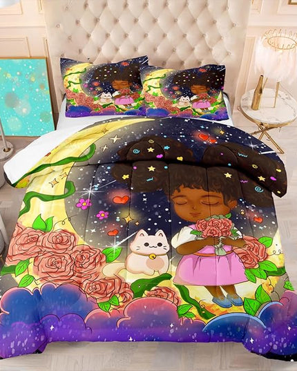 Black Girl Comforter Set - 3 Piece Black Girls Twin Comforter Set for Girls, All-Season Breathable Black Girl Bedding Set for Girls Bedroom Decor with,Queen Size, 1 Comforter + 2 Pillowcases - LeafyLoom