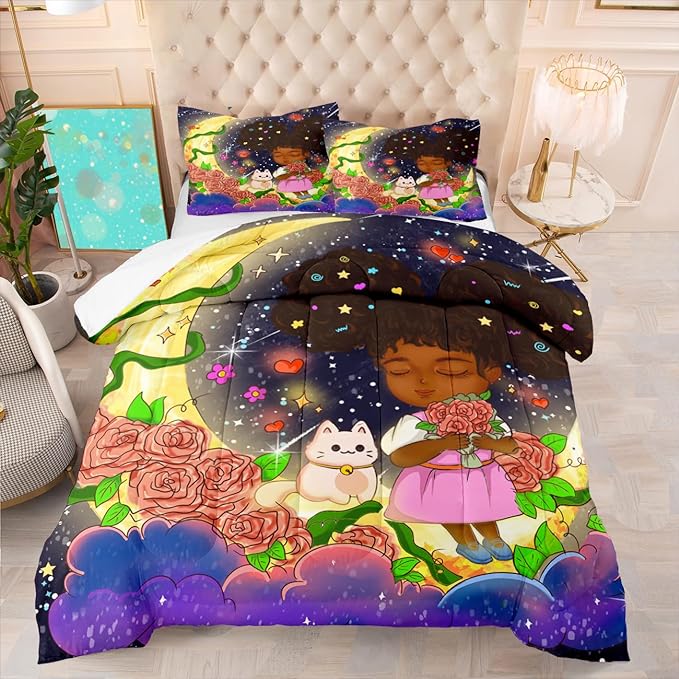 Black Girl Comforter Set Twin - 2Pcs Black Girl Twin Comforter Set for Girls, Twin Size Black Girls Bedding Set, Ultra Soft Breathable Starry Moon Prints Kids Comforter Set with 1 Pillowcase - LeafyLoom