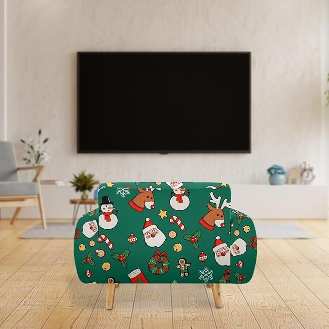 FKELYI Christmas Decorations Green Sofa Slipcover Santa Claus Stretch Sofa Couch Cover for Indoor Washable Furniture Protector with Elastic Bottom M FKELYI