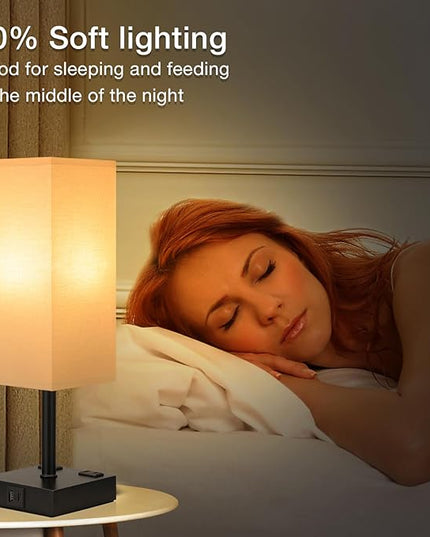 aooshine Black Base White Shade Set of 2 Touch Lamp with USB Port-Nightstand Lamp with USB-C+A Charge Ports& AC Outlets, 3-Way Dimmable Bedside Lamp, Small Table Lamp for Bedroom(Bulb Included) - LeafyLoom