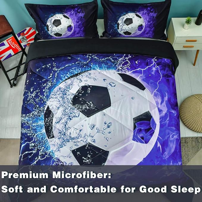 Andency 3D Soccer Comforter Queen(90x90 Inch), 3 Pieces(1 Soccer Comforter, 2 Pillowcases) Blue Flame Soccer Comforter Sport Microfiber Bedding Set for Boy Girl Kids Teens - LeafyLoom