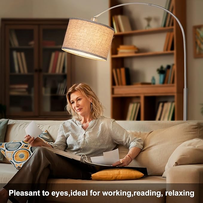 Floor Lamp for Living Room, Dimmable Arc Floor Lamp with Adjustable Head, Silver Finish Modern Floor Lamp, Over Couch Tall Standing Hanging Lights for Reading, Bedroom, Office, 9W 3000K Bulb Included - LeafyLoom