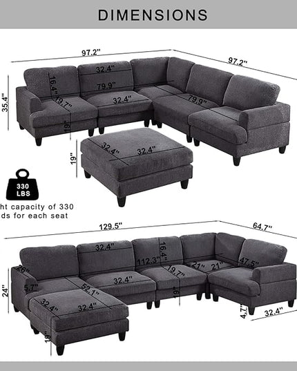 129.5" Modular Sectional Couch with Ottoman,6 Seat Chenille Corner Sofa with Seat Cushions Have a Built-in sSpring Pack,Multi-layered Plywood,for Living Room, Apartment, Bedroom, Office - LeafyLoom