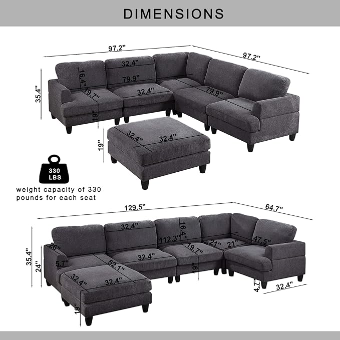 129.5" Modular Sectional Couch with Ottoman,6 Seat Chenille Corner Sofa with Seat Cushions Have a Built-in sSpring Pack,Multi-layered Plywood,for Living Room, Apartment, Bedroom, Office - LeafyLoom