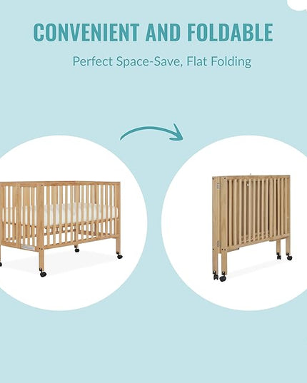 Quinn Full-Size Folding Crib in Natural, Removeable Wheels, Modern Nursey, Adjustable Mattress Support, Portable Crib, Patented Folding System - LeafyLoom