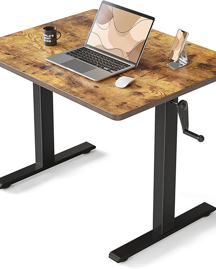 FEZIBO 32" Whole Piece Crank Height Adjustable Desk, 32 Inches Manual Standing Desk, Writing Table with Handle, Home Office Desk with Black Frame/Rustic Brown Top - LeafyLoom