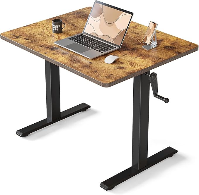 FEZIBO 32" Whole Piece Crank Height Adjustable Desk, 32 Inches Manual Standing Desk, Writing Table with Handle, Home Office Desk with Black Frame/Rustic Brown Top - LeafyLoom