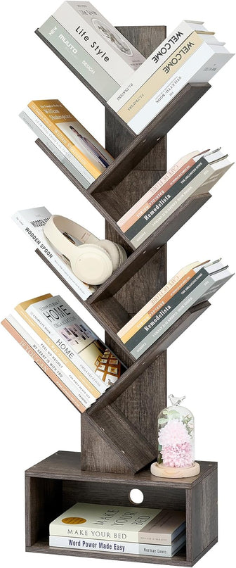 Hoctieon 6 Tier Tree Bookshelf, Tall Bookcase with Drawer, Freestanding Book shelf, Display Floor Standing Storage Shelf, Book Organizer Shelves for Home Office, Living Room, Bedroom, Grey - LeafyLoom
