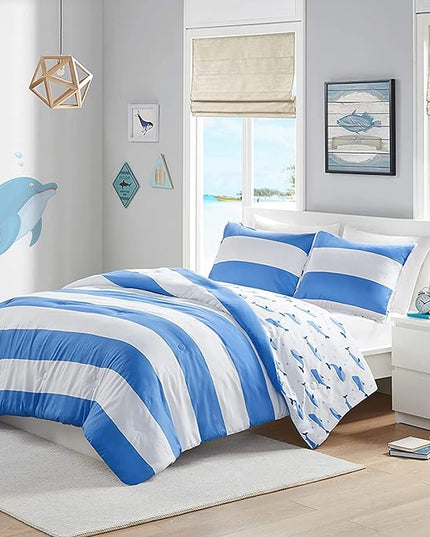 Mizone Kids Blake Reversible Dolphin Comforter Set - Adventure Animal Adorable Print with Stripe Reverse, Fun Bedroom Décor, Modern All Season Kids Bedding, Matching Sham, Full/Queen, Blue 3 Piece - LeafyLoom