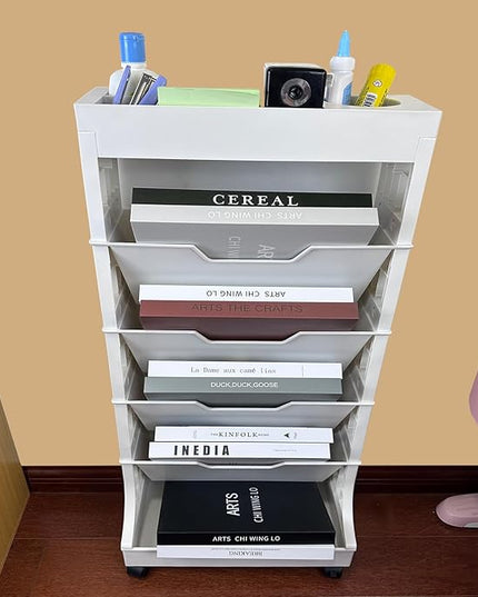 6 Tier Book Rack Storage Bookshelf, Removable Movable Bookshelf with Wheels, Mobile Unique Bookcase, Rolling Book Cart for Study in School Office, White - LeafyLoom
