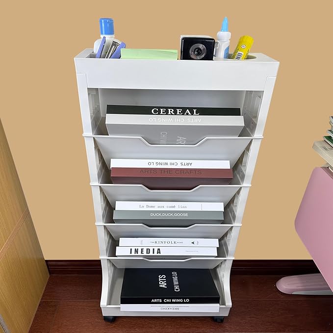 6 Tier Book Rack Storage Bookshelf, Removable Movable Bookshelf with Wheels, Mobile Unique Bookcase, Rolling Book Cart for Study in School Office, White - LeafyLoom