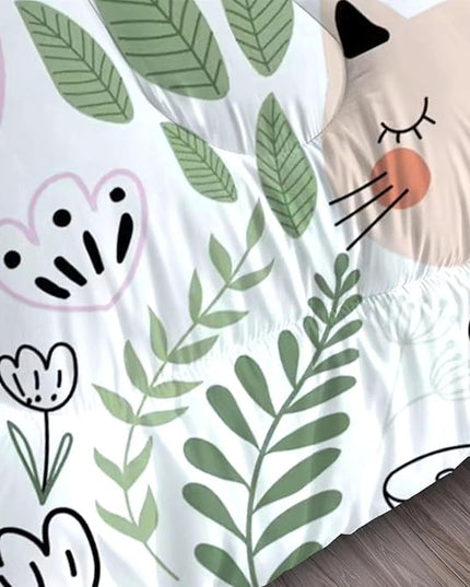 Floral Cat Bedding Full Size Cartoon Cats Comforter Set for Girls Boys Kids Teen Children Green Animals Print Bedroom Dorm Quilt 1 Comforter + 2 Pillow Cases - LeafyLoom