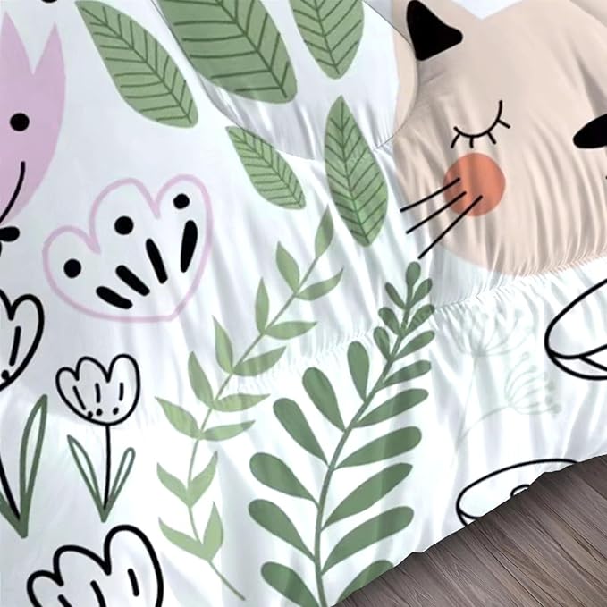 Floral Cat Bedding Full Size Cartoon Cats Comforter Set for Girls Boys Kids Teen Children Green Animals Print Bedroom Dorm Quilt 1 Comforter + 2 Pillow Cases - LeafyLoom