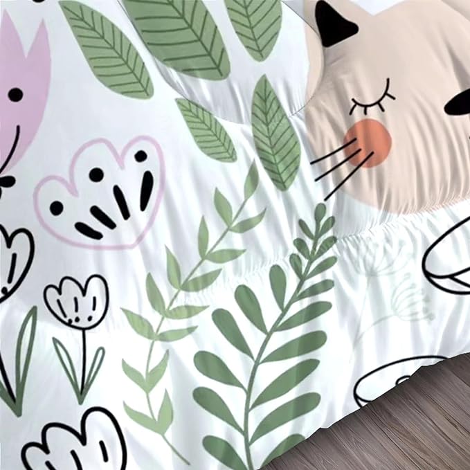 Floral Cartoon Cat Comforter Set Bedding Twin Size for Girls Boys Kids Children Green Animals Print Bedroom Dorm Quilt 1 Comforter + 1 Pillow Case - LeafyLoom