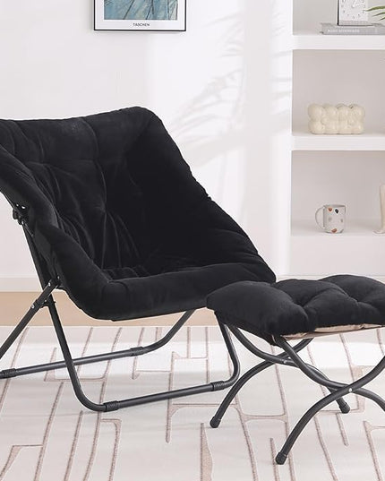 Tiita Saucer Chair with Ottoman, Soft Faux Fur Oversized Folding Accent Chair,Lounge Lazy Chair, Metal Frame Moon Chair for Bedroom, Living Room, Dorm Rooms, Garden and Courtyard - LeafyLoom